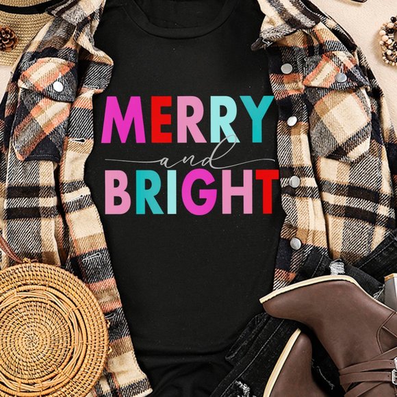 Black MERRY and BRIGHT Crew Neck Graphic Tee - Picture 4 of 8